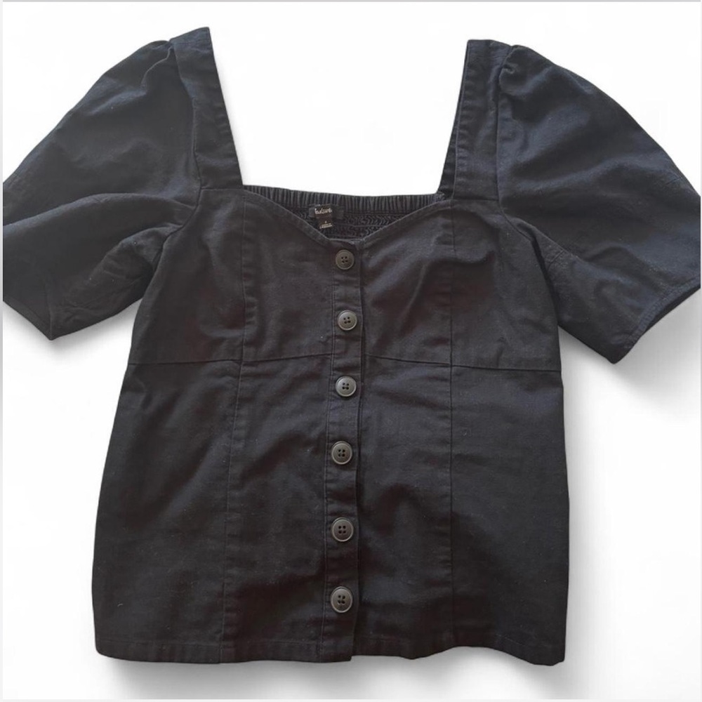 Madewell Black Button-Front Sweetheart Neck Puff Sleeve Top